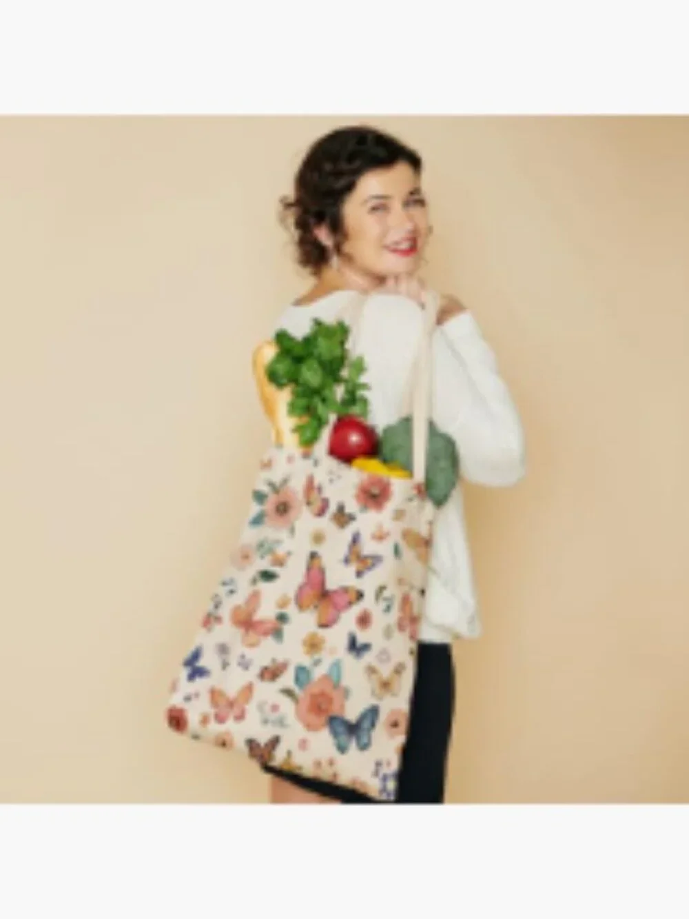 Canvas Tote Bag with Zipper Pocket - Butterfly Floral Reusable Shopping Bag